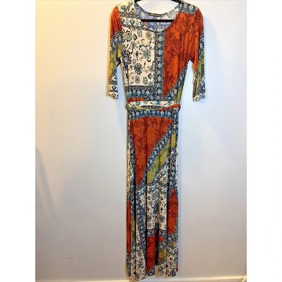 Janette Fashion Patchwork Boho Festival Artsy Belted Scoop Neck Maxi Dress M - Picture 1 of 9